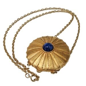 Vintage Estee Launder Solid Perfume Compact Locket Gold Tone Blue Stone Necklace